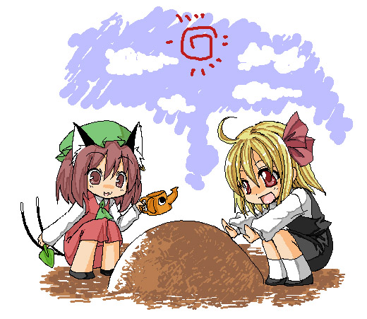 ogera okera, chen, rumia, shoot the bullet, touhou, 2girls, animal ears, blonde hair, cat ears, cat girl, chibi, dress, female focus, hat, multiple girls, outdoors, red eyes, sky, white background