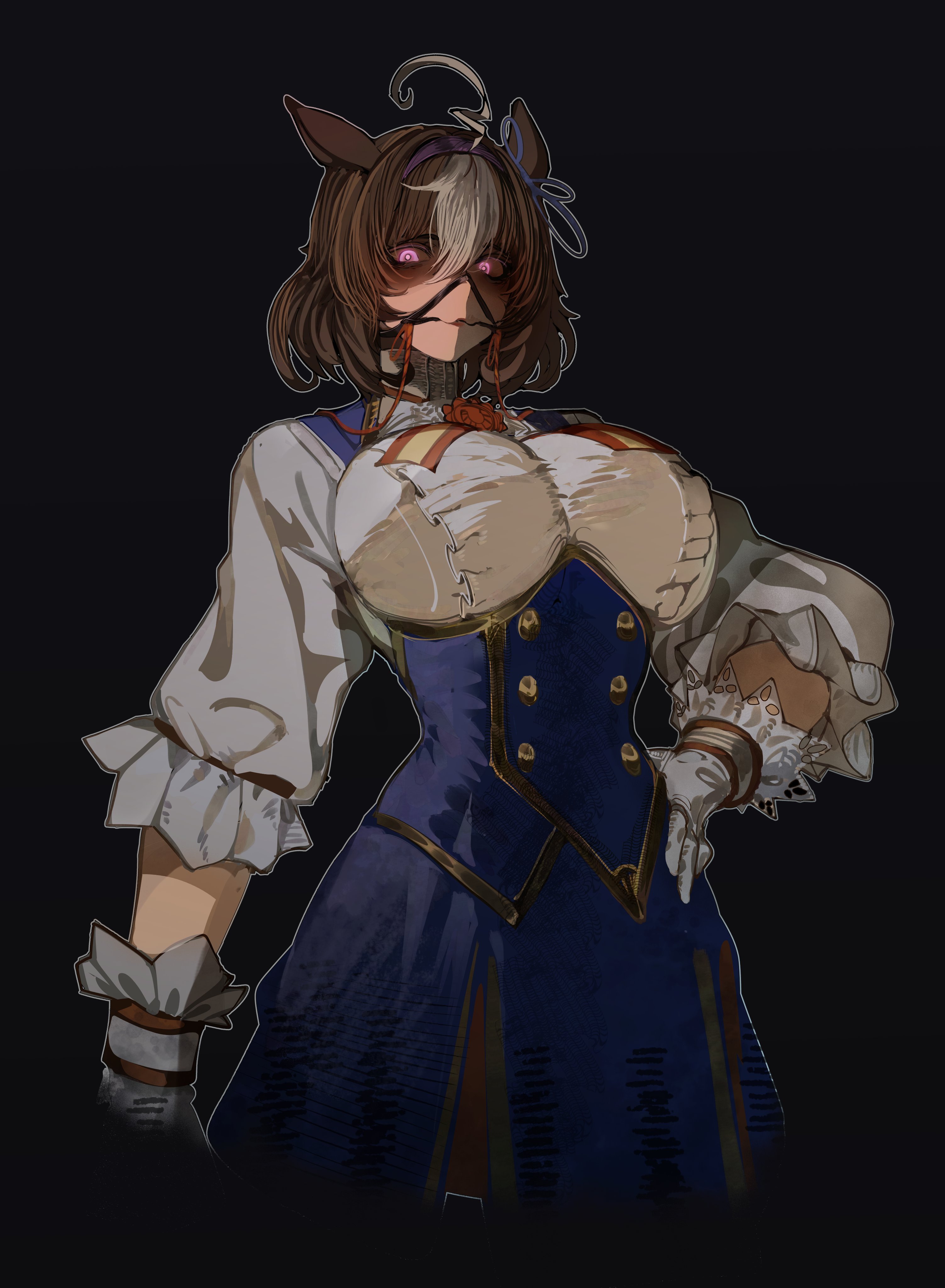 tomatolover16, meisho doto (umamusume), umamusume, absurdres, highres, 1girl, ahoge, animal ears, breasts, brown hair, frills, gloves, glowing, glowing eyes, griddle, hairband, horse ears, horse girl, huge breasts, multicolored hair, pink eyes, reins, short hair, solo, streaked hair, white gloves