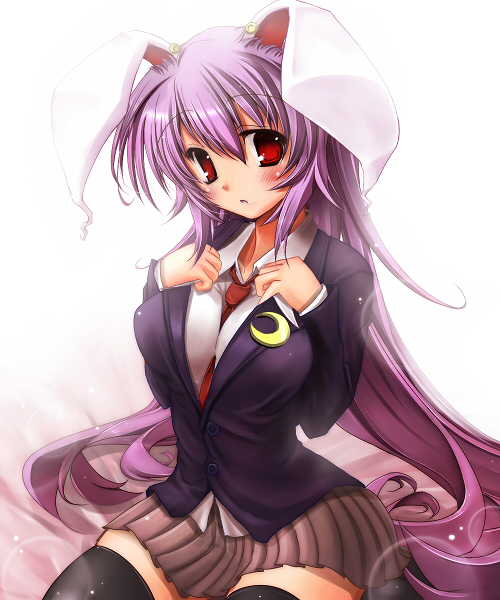 scarlet (studioscr), reisen udongein inaba, touhou, bad id, bad pixiv id, 1girl, animal ears, black thighhighs, breast suppress, breasts, female focus, purple hair, rabbit ears, red eyes, solo, thighhighs