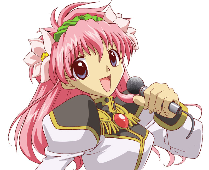 okan, milfeulle sakuraba, broccoli (company), galaxy angel, 00s, 1girl, blue eyes, female focus, flower, hair flower, hair ornament, happy, long hair, looking at viewer, microphone, pink hair, puffy sleeves, simple background, smile, solo, white background