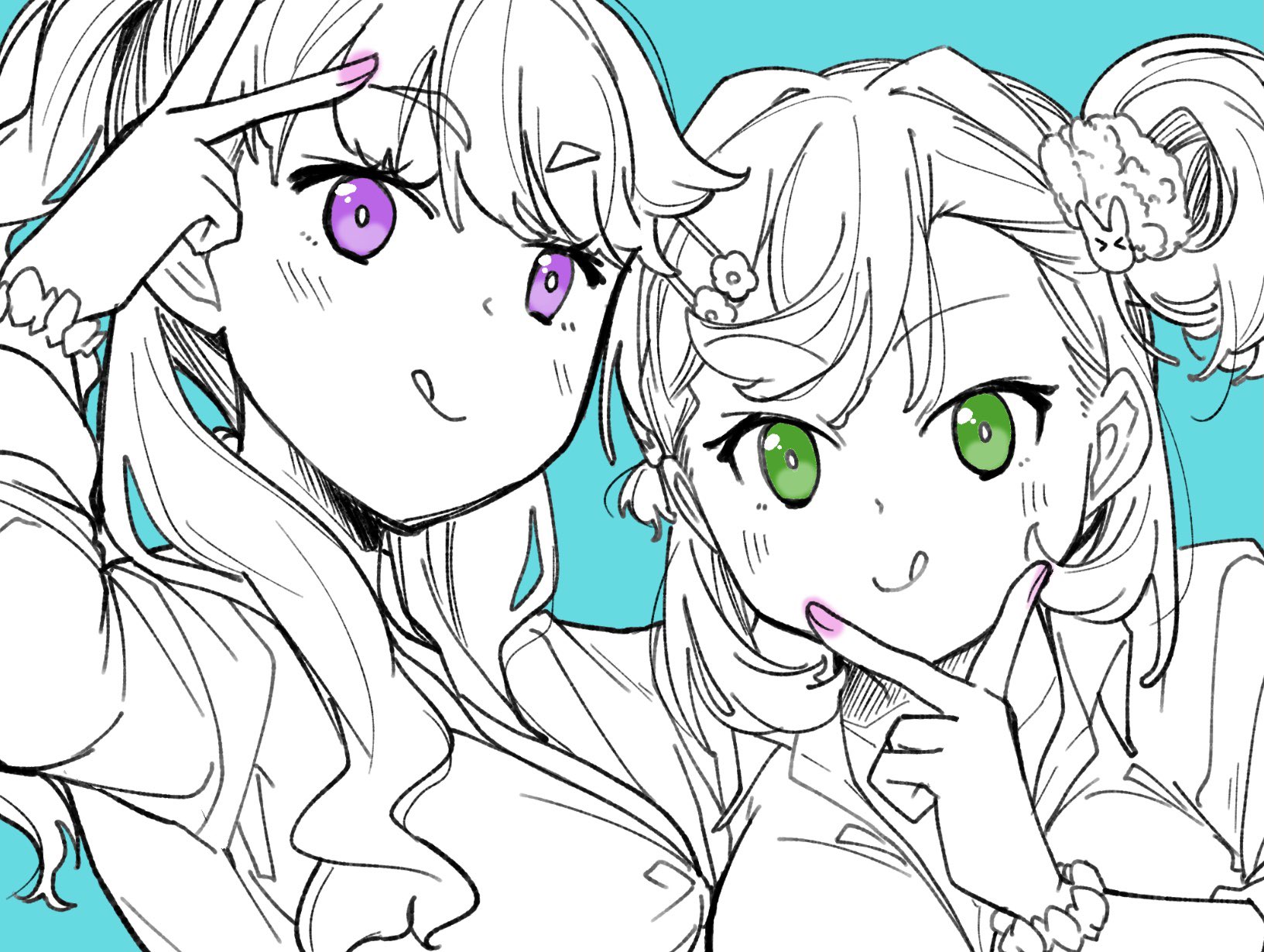 yukiri takashi, fujishima megumi, hinoshita kaho, link! like! love live!, love live!, commentary request, highres, 2girls, breasts, flower hairpin, green eyes, greyscale with colored background, gyaru, hair bun, hair ornament, kogal, large breasts, long hair, looking at viewer, medium hair, multiple girls, open collar, pink nails, ponytail, purple eyes, rabbit hair ornament, scrunchie, single side bun, spot color, virtual youtuber, wrist scrunchie