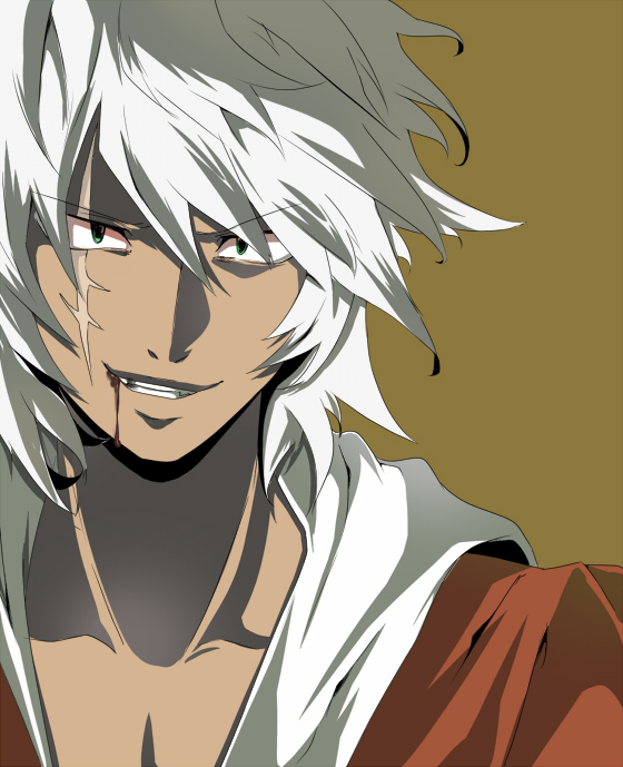 akishima kei, mayotome, touzokuou bakura, yu-gi-oh!, yu-gi-oh! duel monsters, 1boy, blood, dark-skinned male, dark skin, male focus, scar, scar across eye, scar on face, solo, white hair