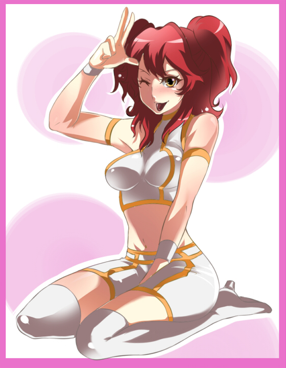 akishima kei, mayotome, nena trinity, gundam, gundam 00, 00s, :p, ;p, halterneck, midriff, one eye closed, red hair, shorts, solo, strapless, thighhighs, tongue, tongue out, tube top, v, wink, yellow eyes