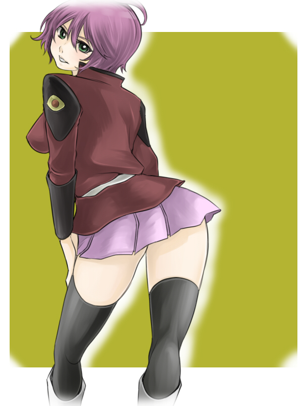 akishima kei, mayotome, lunamaria hawke, gundam, gundam seed, gundam seed destiny, 00s, back, looking back, military, military uniform, short hair, skirt, solo, thighhighs