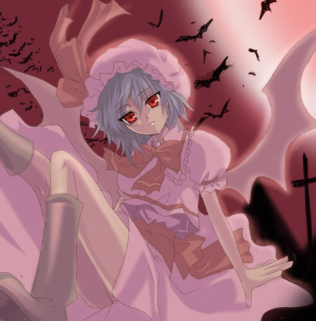 nanami ka zu sa, nanami kazusa, nanamix, remilia scarlet, touhou, bad id, bad pixiv id, lowres, 1girl, bat wings, female focus, red eyes, solo, wings
