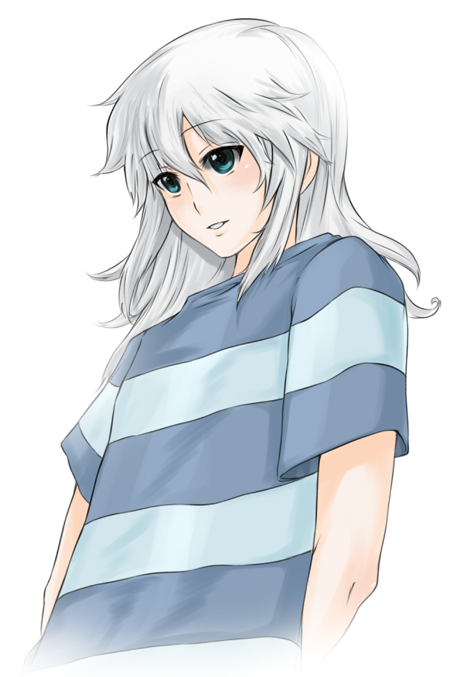 akishima kei, mayotome, bakura ryou, yu-gi-oh!, yu-gi-oh! duel monsters, striped, blue eyes, male focus, shirt, solo, white hair