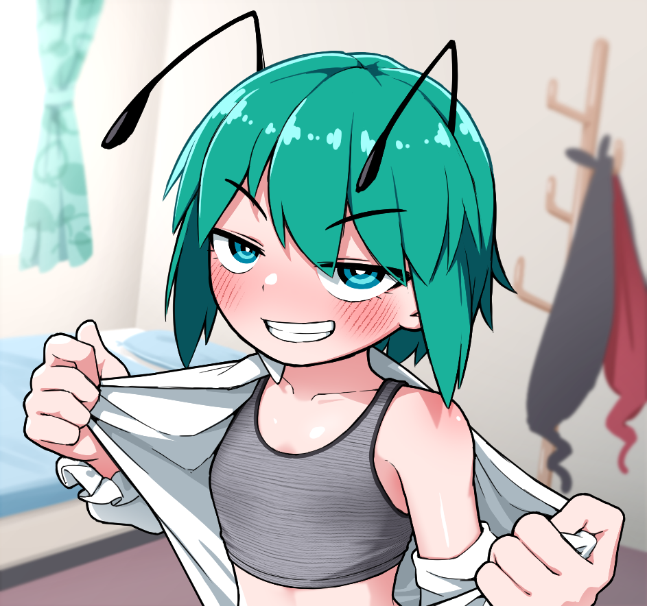 solidus (sword cube), wriggle nightbug, touhou, 1girl, antennae, bed, black cape, blanket, blue eyes, cape, clothes rack, collarbone, curtains, dressing, flat chest, green hair, grey sports bra, grin, indoors, long sleeves, looking at viewer, partially undressed, pillow, red cape, shirt, short hair, smile, solo, sports bra, two-sided cape, two-sided fabric, two-tone cape, unworn cape, upper body, white shirt, window
