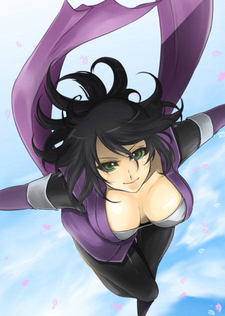 akishima kei, mayotome, sheena fujibayashi, tales of (series), tales of symphonia, black hair, breasts, cherry blossoms, cleavage, green eyes, huge breasts, japanese clothes, large breasts, ninja, petals, short hair, sky, smile