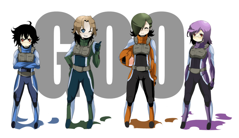 akishima kei, mayotome, allelujah haptism, lockon stratos, setsuna f. seiei, tieria erde, gundam, gundam 00, pilot suit, 00s, 4boys, ahoge, androgynous, armor, belt, black hair, blue eyes, bodysuit, breastplate, brown hair, chibi, copyright name, crossed arms, flipped hair, full body, glasses, gloves, green hair, grin, hair over one eye, hand on own hip, helmet, lineup, looking at viewer, male focus, mecha pilot suit, multiple boys, one eye closed, plugsuit (evangelion), purple hair, red eyes, short hair, smile, standing, thumbs up, trap, turtleneck, unworn headwear, unworn helmet, white background