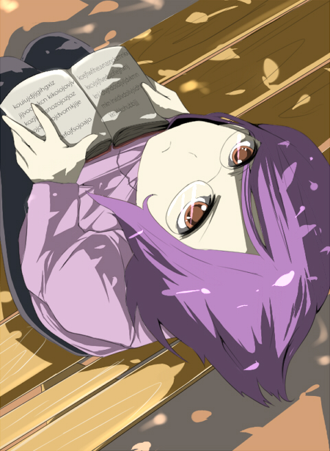akishima kei, mayotome, tieria erde, gundam, gundam 00, bad id, bad pixiv id, 00s, 1boy, androgynous, bench, book, glasses, male focus, purple hair, red eyes, short hair, solo, trap