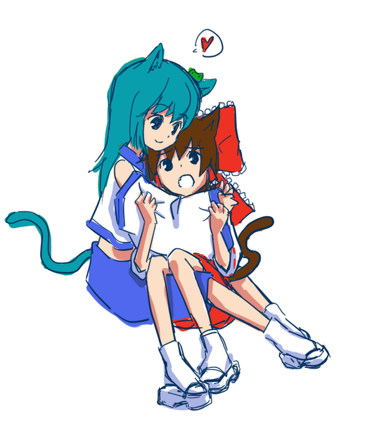 hakurei reimu, kochiya sanae, touhou, 2girls, animal ears, aqua hair, bow, brown hair, cat ears, cat girl, cat tail, clog sandals, detached sleeves, fang, female focus, hair bow, hair ornament, heart, hug, japanese clothes, kemonomimi mode, legs, miko, multiple girls, okobo, open mouth, platform sandals, sandals, simple background, sitting, smile, socks, spoken heart, tail, zouri