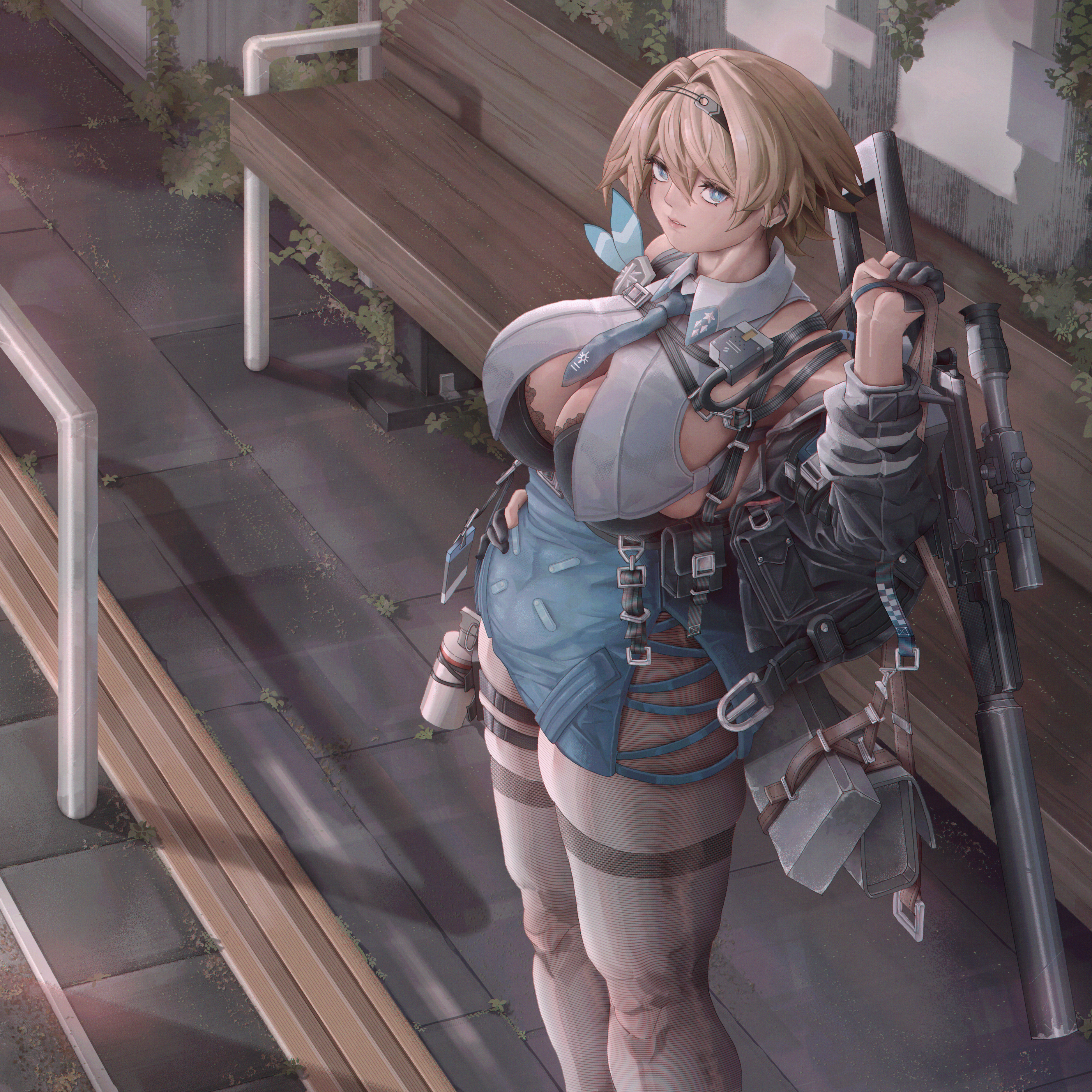 nikketa (girls' frontline 2), vsk-94 (girls' frontline), girls' frontline, girls' frontline 2: exilium, absurdres, commentary, highres, 1girl, bare shoulders, belt, bench, black bra, black gloves, black hairband, black jacket, black pantyhose, blonde hair, blue belt, blue eyes, blue necktie, blue skirt, bra, breasts, chest harness, cleavage, collared shirt, crop top, explosive, gloves, grenade, gun, hair between eyes, hair intakes, hair ornament, hairband, hand on own hip, harness, high-waist skirt, holding, jacket, large breasts, looking at viewer, mole, mole under eye, necktie, off shoulder, outdoors, pantyhose, parted lips, partially fingerless gloves, pouch, railing, rifle, shadow, shirt, short hair, sidelocks, sidewalk, skirt, sniper rifle, solo, standing, thighband pantyhose, underbust, underwear, vsk-94, weapon, weapon strap, white shirt, zaidi san