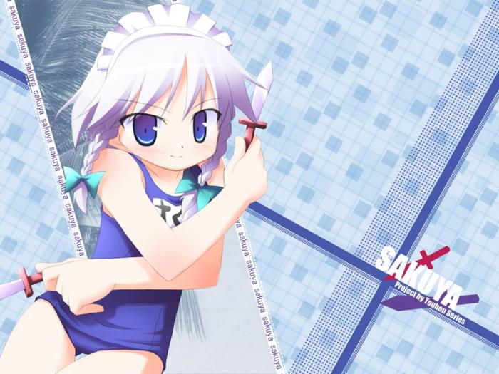 izayoi sakuya, touhou, silver hair, 1girl, braid, female focus, knife, name tag, one-piece swimsuit, ribbon, school swimsuit, short hair, solo, swimsuit, throwing knife, twin braids, weapon