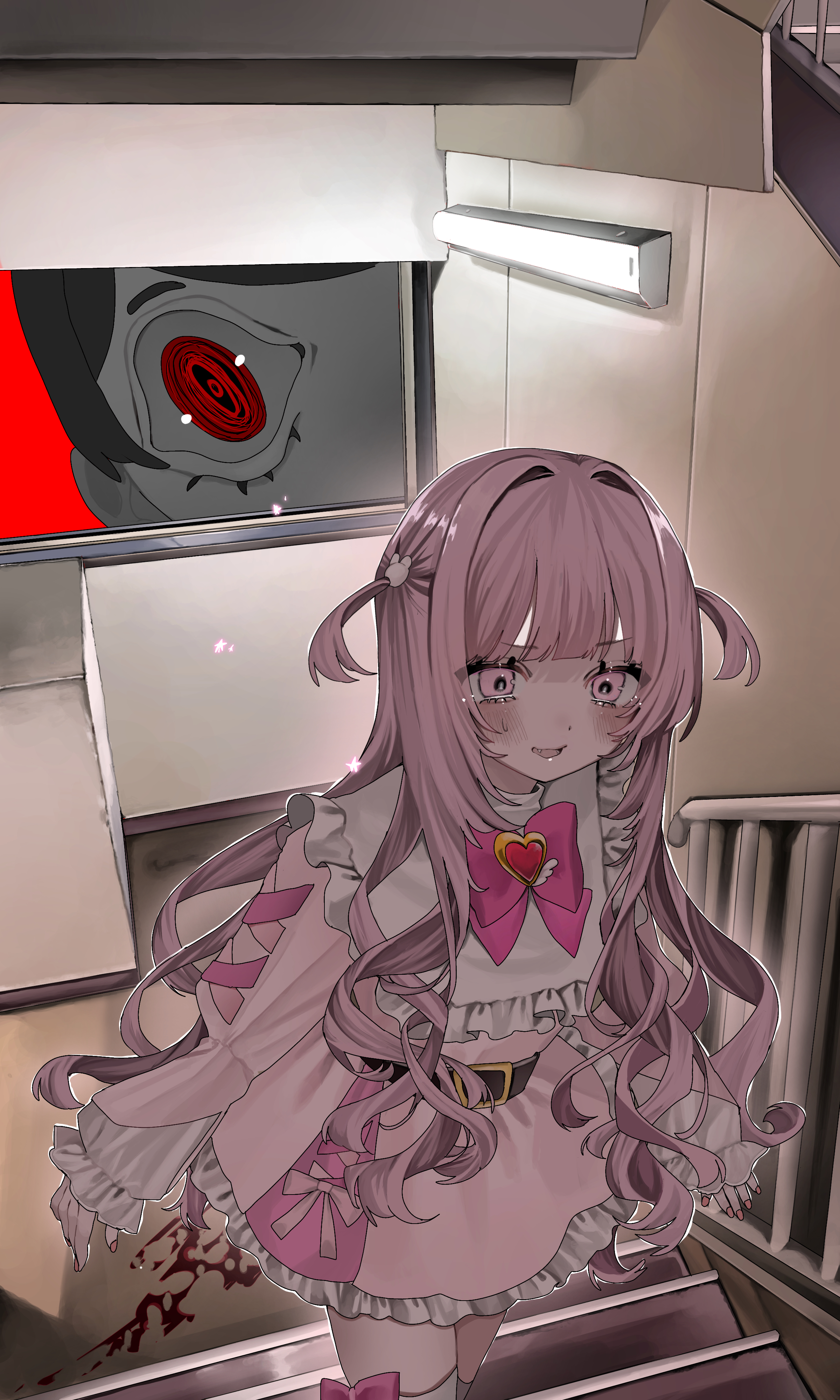 hanataro (sruvhqkehy1zied), original, absurdres, commentary request, highres, 1girl, 1other, belt, black belt, blood, blush, dress, frilled dress, frills, horror (theme), long hair, long sleeves, open mouth, pink dress, pink eyes, pink hair, railing, stairs, stairwell, thighhighs, two side up, white thighhighs