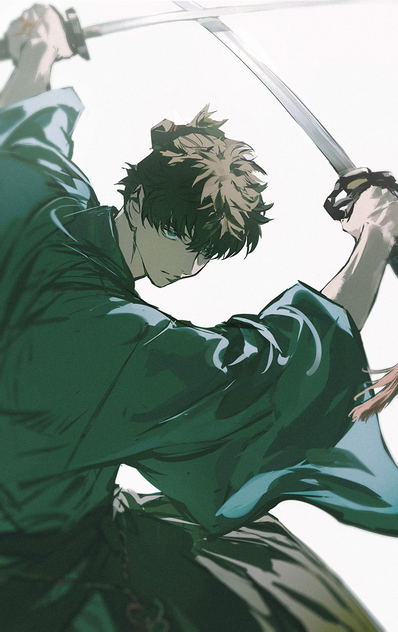 huangdanlan, miyamoto iori (fate), fate/samurai remnant, fate (series), highres, 1boy, closed mouth, dual wielding, holding, holding sword, holding weapon, japanese clothes, katana, long sleeves, male focus, short hair, simple background, solo, sword, weapon, white background, wide sleeves