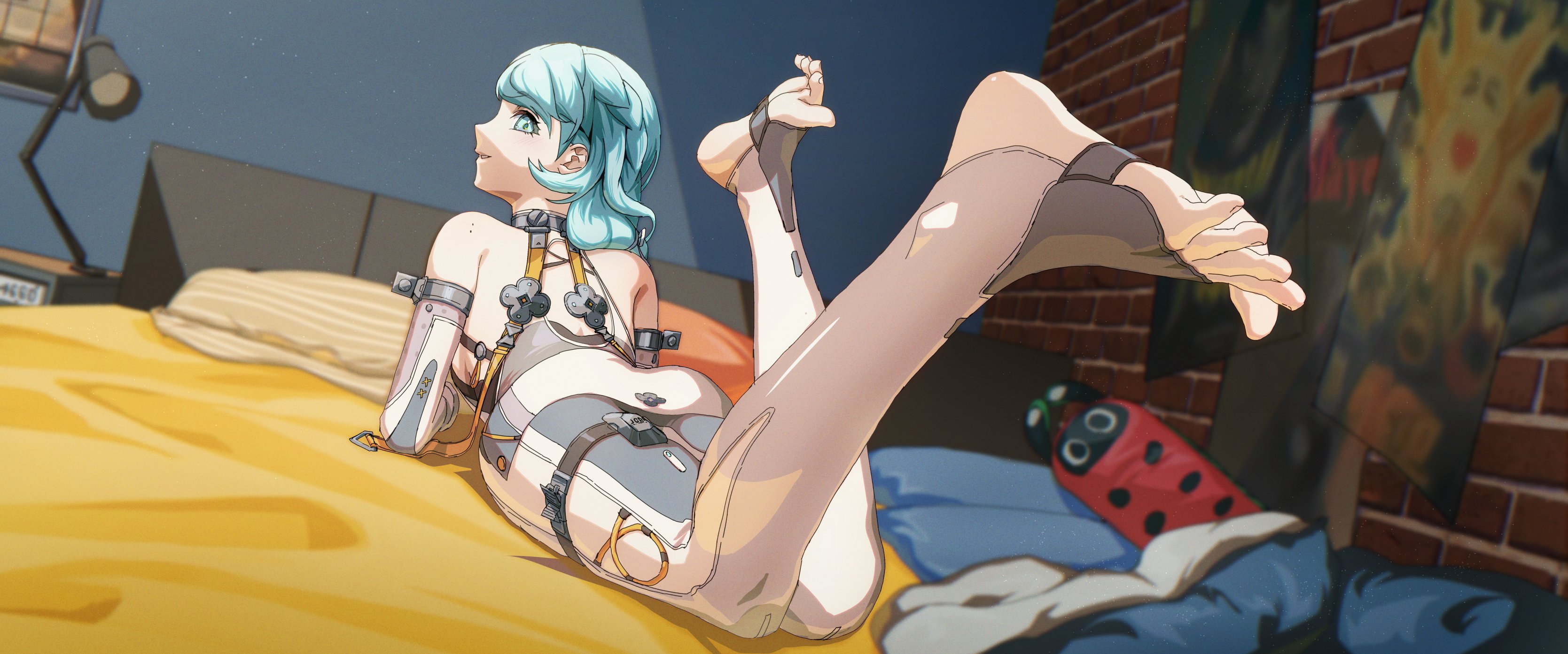 yanagino (yanagino3), seed (zenless zone zero), zenless zone zero, absurdres, highres, 1girl, bare shoulders, barefoot, blanket, blue eyes, blue hair, clothing cutout, flower ornament, formal clothes, lamp, looking at viewer, lying, on bed, on stomach, pillow, poster (object), see-through dress layer, seed, side cutout, solo, suit, thigh cutout, toeless legwear, toes, white suit