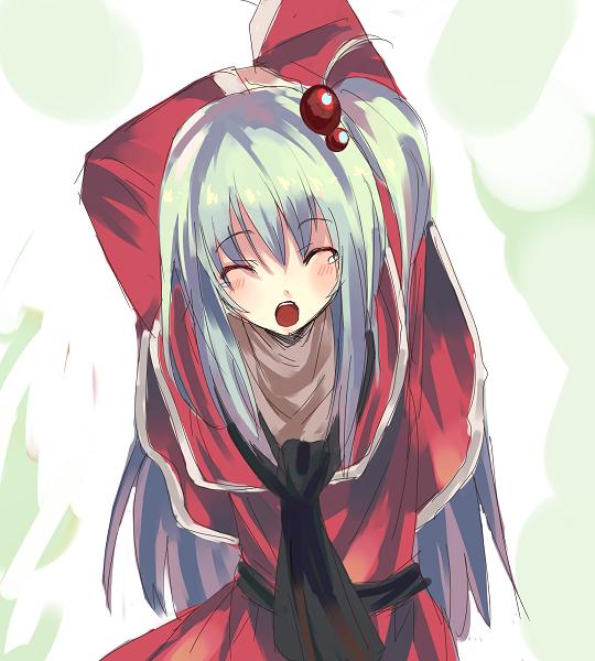 shinki (touhou), mystic square, touhou, touhou (pc-98), 1girl, ^ ^, ahoge, arms up, black neckerchief, blush, capelet, closed eyes, dress, facing viewer, female focus, green hair, hair between eyes, hair bobbles, hair ornament, long hair, long sleeves, neckerchief, open mouth, outstretched arm, red dress, side ponytail, sketch, solo, stretching, tears, upper body, yawning