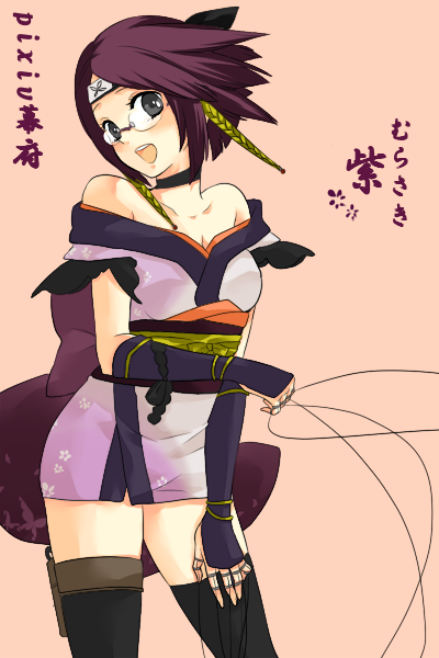 beniko, pixiv, pixiv shogunate, bad id, bad pixiv id, bare shoulders, choker, elbow gloves, glasses, gloves, japanese clothes, ninja, solo, string, thighhighs