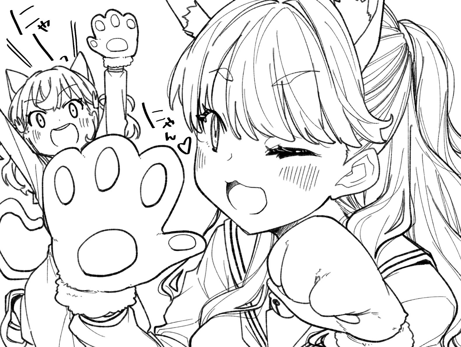 yukiri takashi, fujishima megumi, hinoshita kaho, link! like! love live!, love live!, commentary, symbol-only commentary, 2girls, :d, ;3, ;d, animal ear headphones, animal ears, animal hands, arms up, blush, cat ear headphones, cat ears, cat tail, dress, fake animal ears, gloves, greyscale, hair ornament, hasu no sora school uniform, headphones, long sleeves, looking at viewer, medium hair, monochrome, multiple girls, nyan, one eye closed, open mouth, paw gloves, rabbit hair ornament, sailor collar, sailor dress, school uniform, smile, summer uniform, tail, teeth, two side up, upper teeth only, virtual youtuber, winter uniform