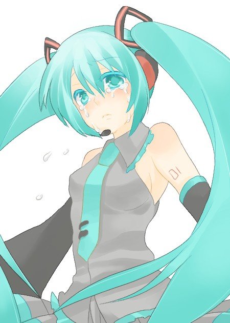 beniko, hatsune miku, vocaloid, bad id, bad pixiv id, aqua eyes, aqua hair, detached sleeves, long hair, necktie, solo, tattoo, tears, twintails