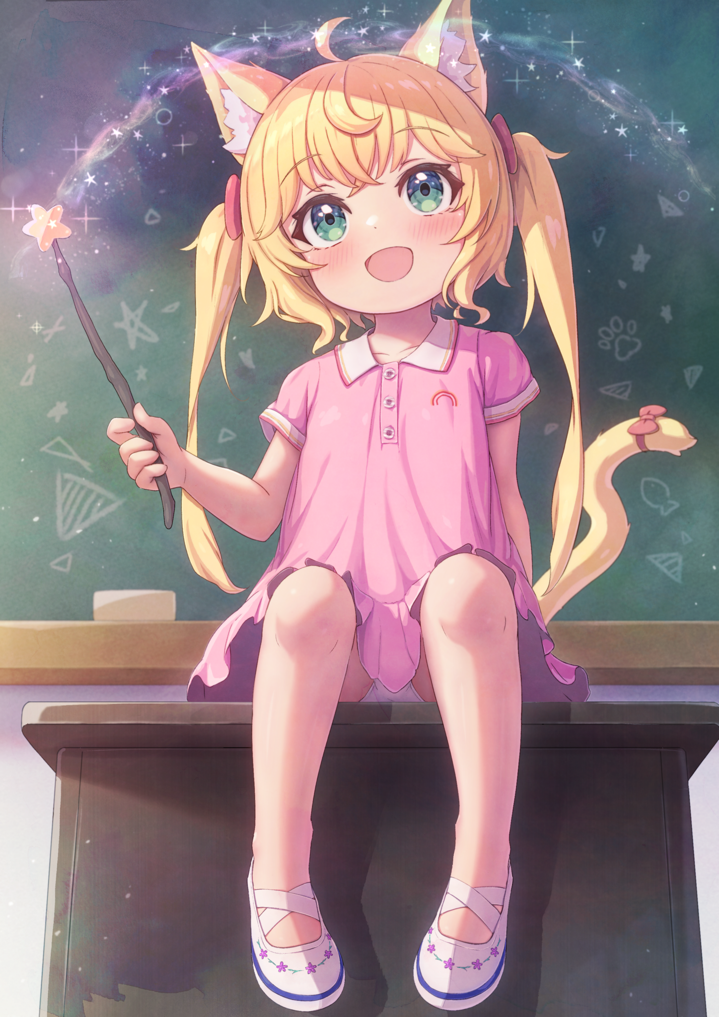 zusshii (libertasgenesis), original, absurdres, commission, highres, pixiv commission, 1girl, :d, ahoge, animal ear fluff, animal ears, blonde hair, blush, cat ears, cat girl, cat tail, chalkboard, dress, lectern, long hair, open mouth, pink dress, shoes, short dress, short sleeves, sitting, smile, solo, tail, tail ornament, twintails