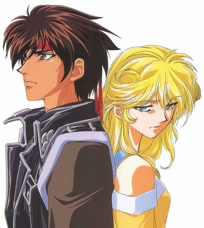 cleo everlastin, orphen, majutsushi orphen, scan, 1boy, 1girl, back-to-back, black hair, blonde hair, blue eyes, brown eyes, headband, long hair