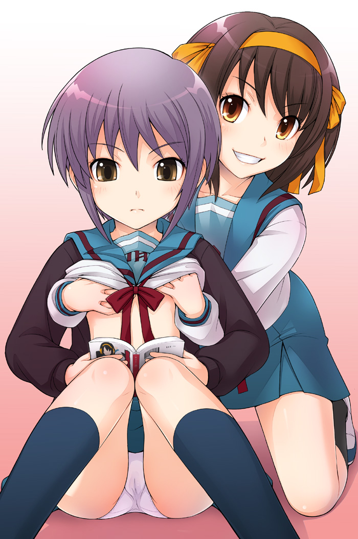 ha-ru, nagato yuki, suzumiya haruhi, suzumiya haruhi no yuuutsu, bad id, bad pixiv id, 00s, 2girls, book, breasts, cardigan, clothes lift, grabbing another's breast, groping, kneehighs, looking at viewer, multiple girls, no bra, panties, school uniform, serafuku, shirt lift, small breasts, socks, underwear, white panties