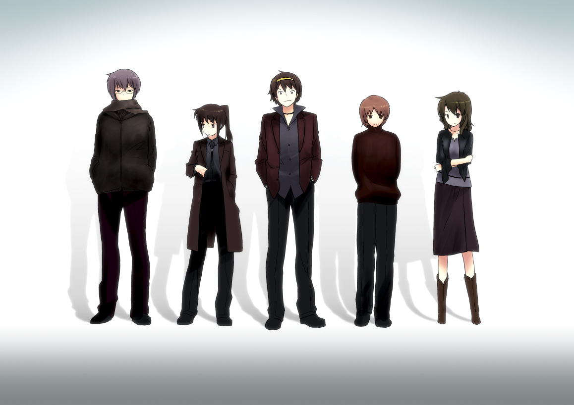 miharu (cgsky), asahina mikuru, asahina mitsuru, koizumi itsuki, koizumi itsuki (female), kyonko, nagato yuki, nagato yuuki, suzumiya haruhi, suzumiya haruhiko, ghost in the shell, ghost in the shell: stand alone complex, suzumiya haruhi no yuuutsu, 2girls, 3boys, casual, genderswap, genderswap (ftm), genderswap (mtf), ghost in the shell lineup, lineup, multiple boys, multiple girls, parody, ponytail
