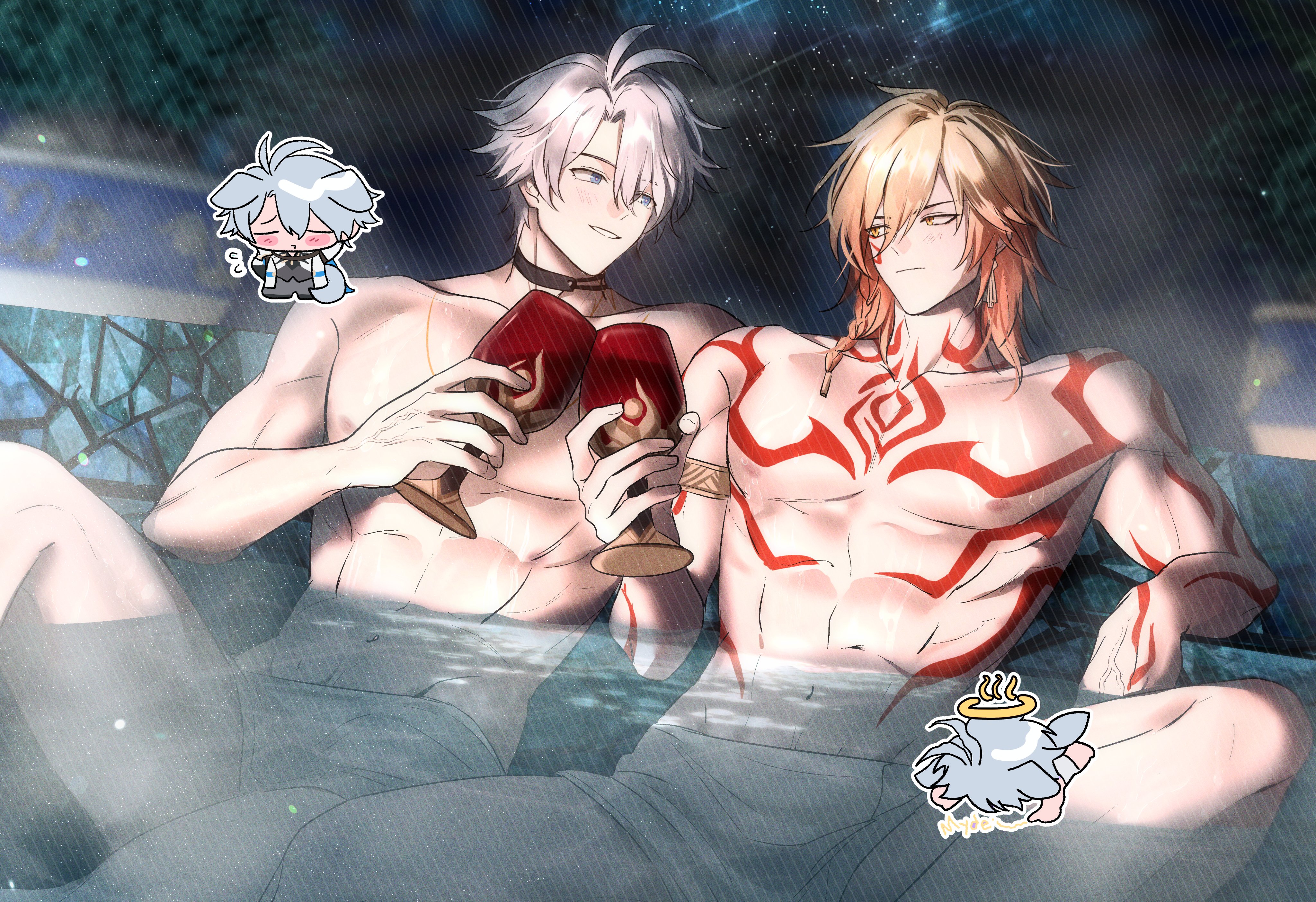 b bcollector, mydei (honkai: star rail), phainon (honkai: star rail), honkai: star rail, honkai (series), absurdres, commentary request, commission, highres, korean commentary, 2boys, abs, animal ears, antenna hair, arm tattoo, armlet, blonde hair, blue eyes, bread, bread slice, chest tattoo, chibi, cup, dog boy, dog ears, dog tail, eye contact, facial tattoo, food, gradient hair, holding, holding cup, jewelry, looking at another, male focus, multicolored hair, multiple boys, parted bangs, partially submerged, red hair, short hair, tail, tattoo, toast, toned, toned male, topless male, towel, towel around waist, white hair, yaoi, yellow eyes