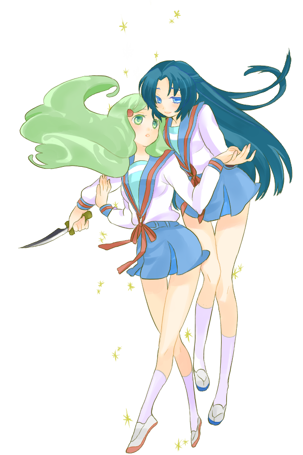 beniko, asakura ryoko, kimidori emiri, suzumiya haruhi no yuuutsu, bad id, bad pixiv id, 00s, 2girls, knife, multiple girls, school uniform, serafuku, socks