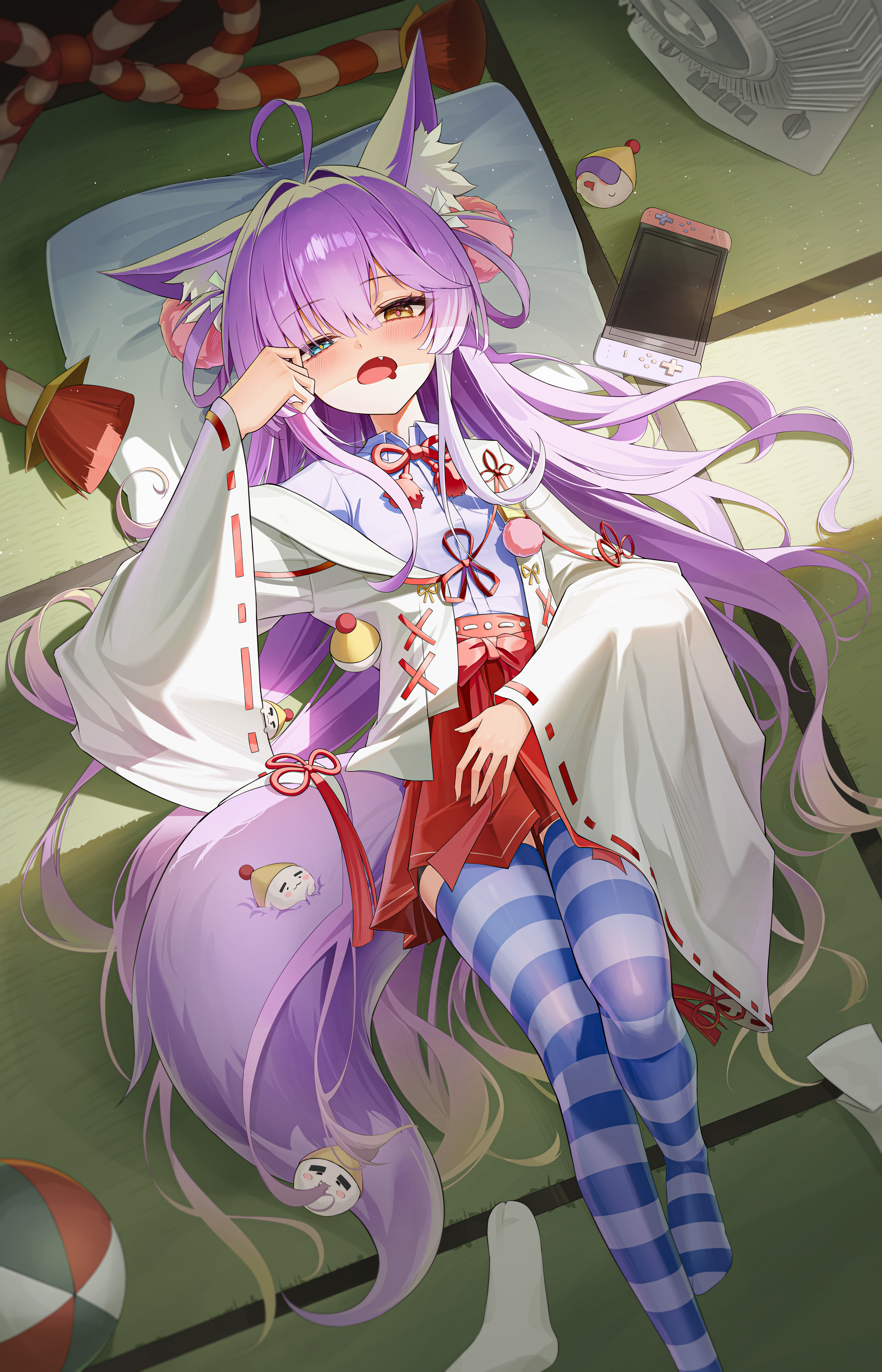 tiokun7, tenko shibuki, stellive, absurdres, highres, animal ears, blue eyes, blue thighhighs, fox ears, fox girl, fox tail, hair between eyes, heterochromia, jacket, japanese clothes, long hair, miko, purple hair, purple shirt, red skirt, shirt, skirt, striped clothes, striped thighhighs, tail, thighhighs, thighs, virtual youtuber, white jacket, yellow eyes