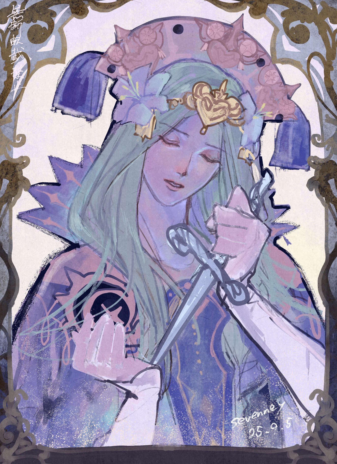 sevenney, rhea (fire emblem), fire emblem, fire emblem: three houses, nintendo, highres, 1girl, breasts, circlet, closed eyes, dagger, dress, facing viewer, flower, green hair, hair flower, hair ornament, headpiece, holding, holding dagger, holding knife, holding weapon, knife, long hair, parted lips, solo, upper body, weapon, white dress