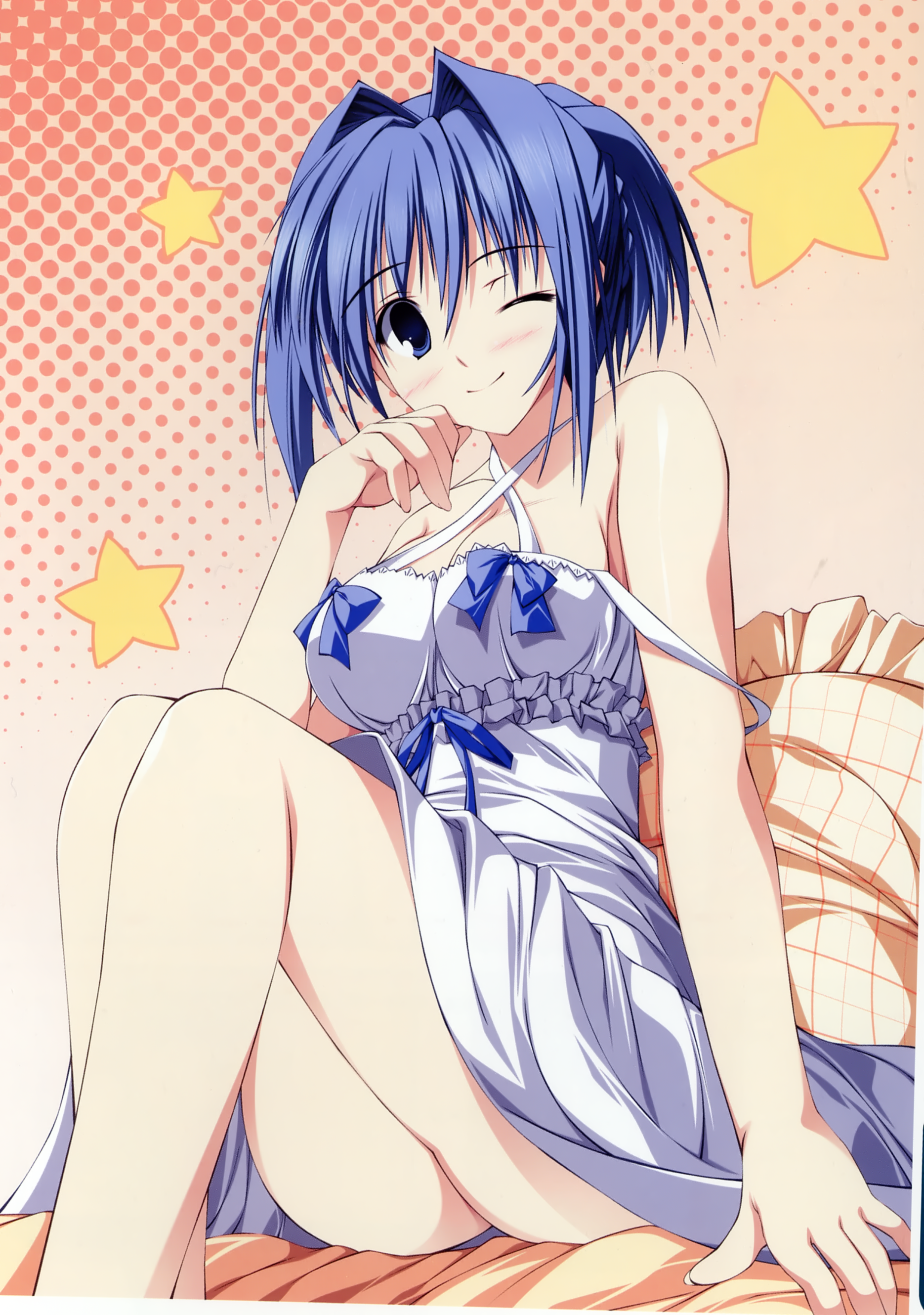 yuuki makoto (radiant), absurdres, highres, 1girl, bed, blue eyes, blue hair, breasts, cleavage, female focus, hair intakes, halterneck, large breasts, looking at viewer, matching hair/eyes, on bed, one eye closed, short hair, sitting, smile, solo, wink