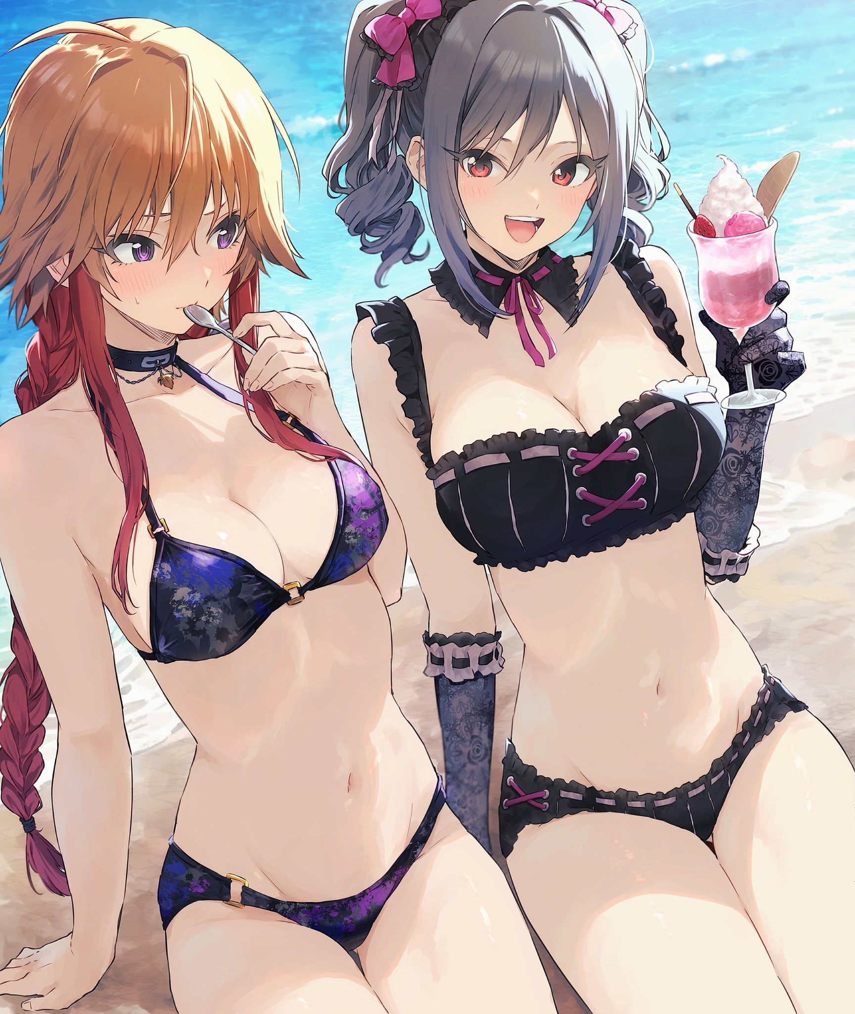 kanzaki ranko, ninomiya asuka, idolmaster, idolmaster cinderella girls, highres, 27asrn, ahoge, beach, bikini, black bikini, black choker, blue bikini, blush, braid, breasts, brown hair, choker, cleavage, closed mouth, collarbone, cup, day, detached collar, drill hair, food, frilled bikini, frills, gloves, grey hair, hair between eyes, hair extensions, hair ribbon, holding, holding cup, holding spoon, lace, lace gloves, long hair, medium breasts, multicolored hair, multiple girls, navel, ocean, open mouth, outdoors, purple eyes, red eyes, red hair, ribbon, sand, shaved ice, single braid, sitting, small breasts, smile, spoon, stomach, swimsuit, twin drills, twintails, two-tone hair, utensil in mouth, very long hair, water