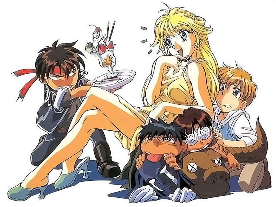 cleo everlastin, dortin, majic lin, orphen, volkan, majutsushi orphen, scan, 1girl, 4boys, black hair, blonde hair, blood, blue eyes, brown hair, dress, glasses, headband, high heels, long hair, multiple boys, nosebleed, shoes
