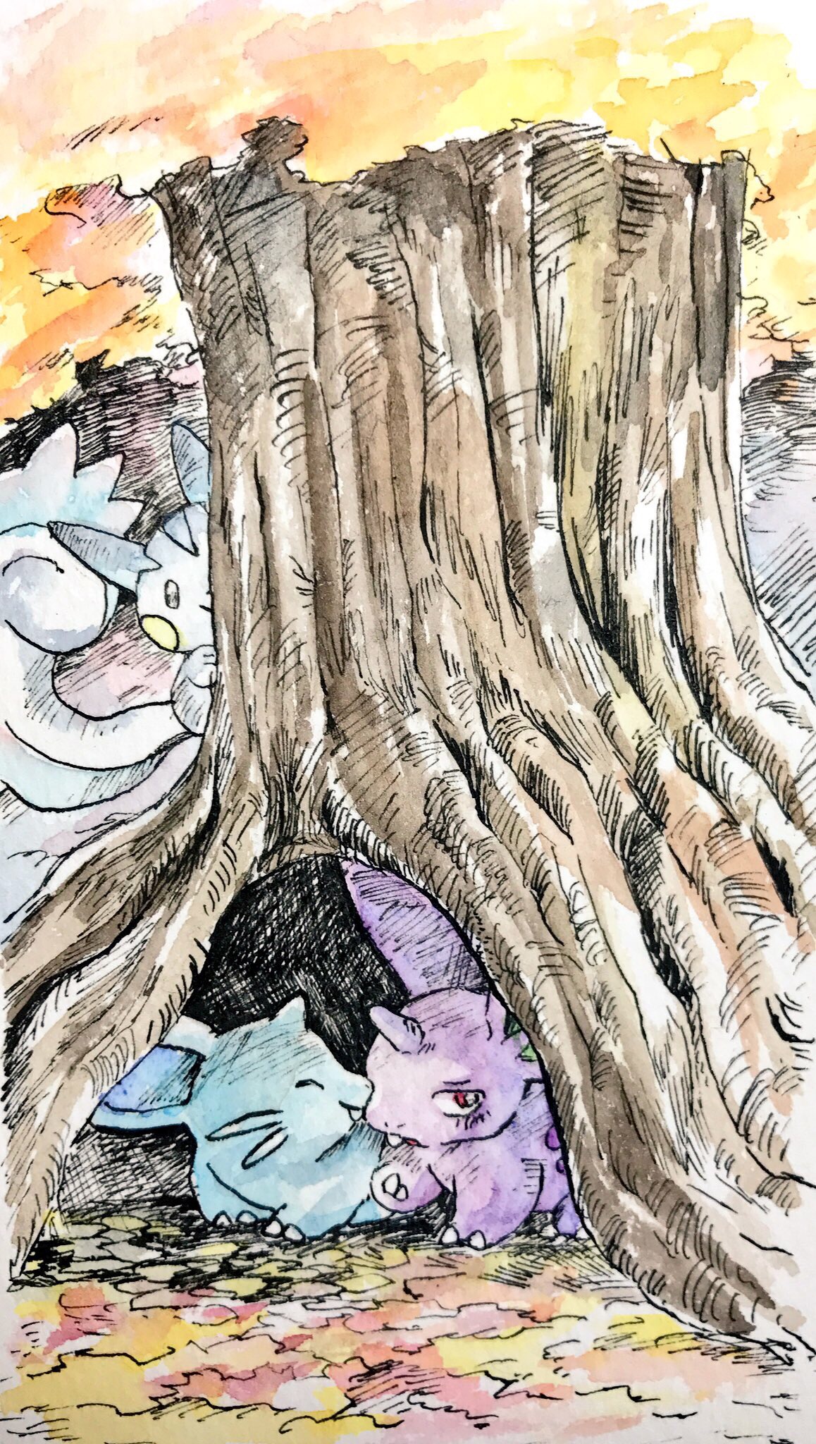 mint nappa, nidoran, nidoran (female), nidoran (male), pachirisu, nintendo, pokemon, commentary request, highres, painting (medium), traditional media, watercolor (medium), claws, closed eyes, gen 1 pokemon, gen 4 pokemon, no humans, outdoors, peeking out, pokemon (creature), red eyes, tree