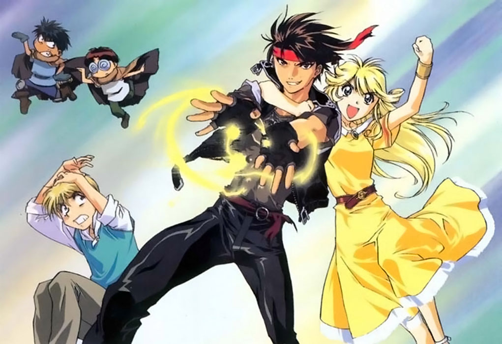 cleo everlastin, dortin, majic lin, orphen, volkan, majutsushi orphen, 1girl, 4boys, black hair, blonde hair, bracelet, dress, fingerless gloves, glasses, gloves, headband, jewelry, long hair, multiple boys, open mouth