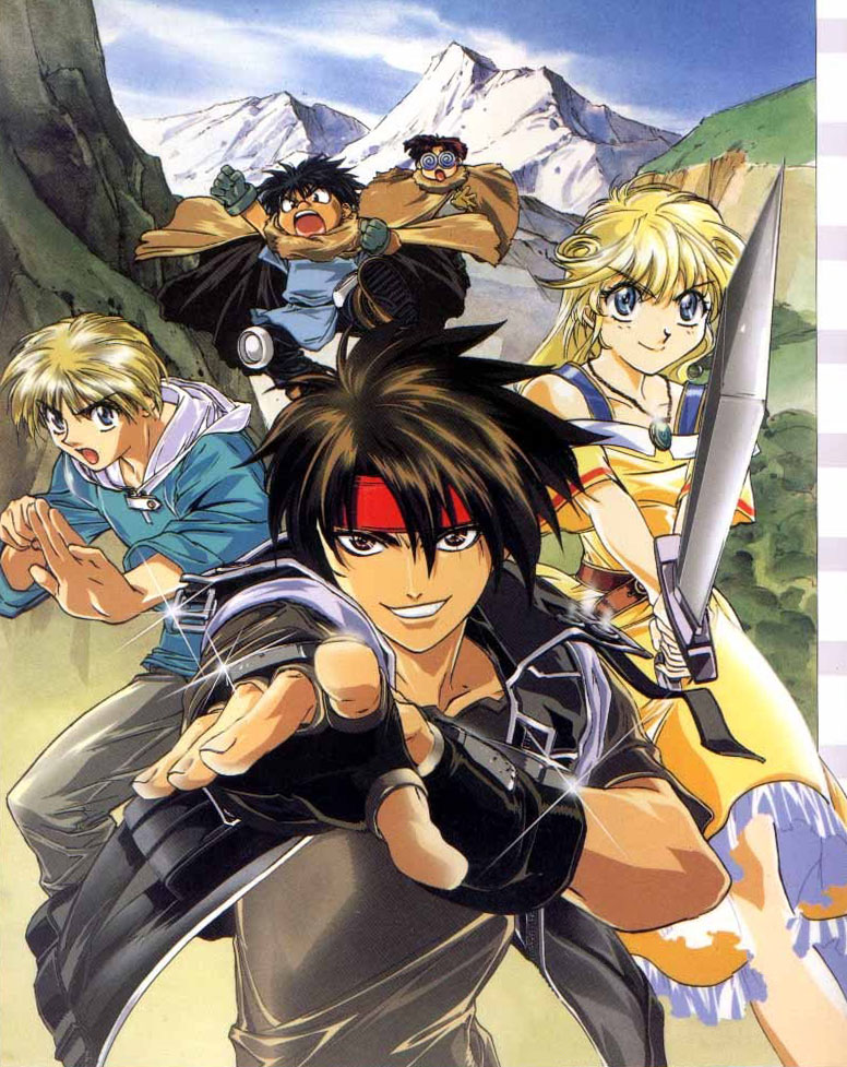 cleo everlastin, dortin, majic lin, orphen, volkan, majutsushi orphen, 1girl, 4boys, black hair, blonde hair, blue eyes, dress, fingerless gloves, glasses, gloves, headband, long hair, multiple boys, open mouth, sword, weapon
