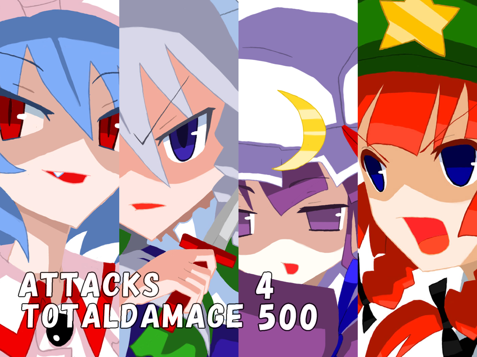 ke-su, hong meiling, izayoi sakuya, patchouli knowledge, remilia scarlet, disgaea, immaterial and missing power, touhou, silver hair, bad id, bad pixiv id, highres, 4girls, blue eyes, blue hair, braid, column lineup, crescent, cut-in, fang, female focus, frown, hat, knife, multiple girls, no nose, open mouth, parody, purple eyes, purple hair, red eyes, red hair, slit pupils, smirk, star (symbol), twin braids