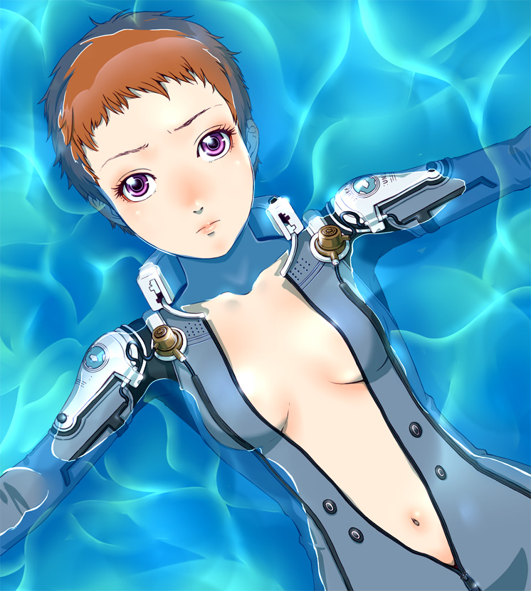 toshi punk, kino mayumi, ao no roku-gou, 1girl, bodysuit, breasts, brown hair, cleavage, female focus, open clothes, pink eyes, short hair, solo, unzipped, water