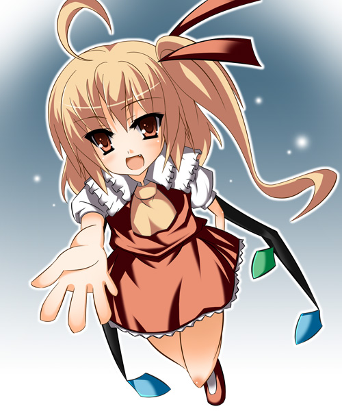 kurusu (pixiv), takanashi kurusu, flandre scarlet, touhou, bad id, bad pixiv id, 1girl, blonde hair, blouse, fang, female focus, red eyes, shirt, solo, white shirt, wings