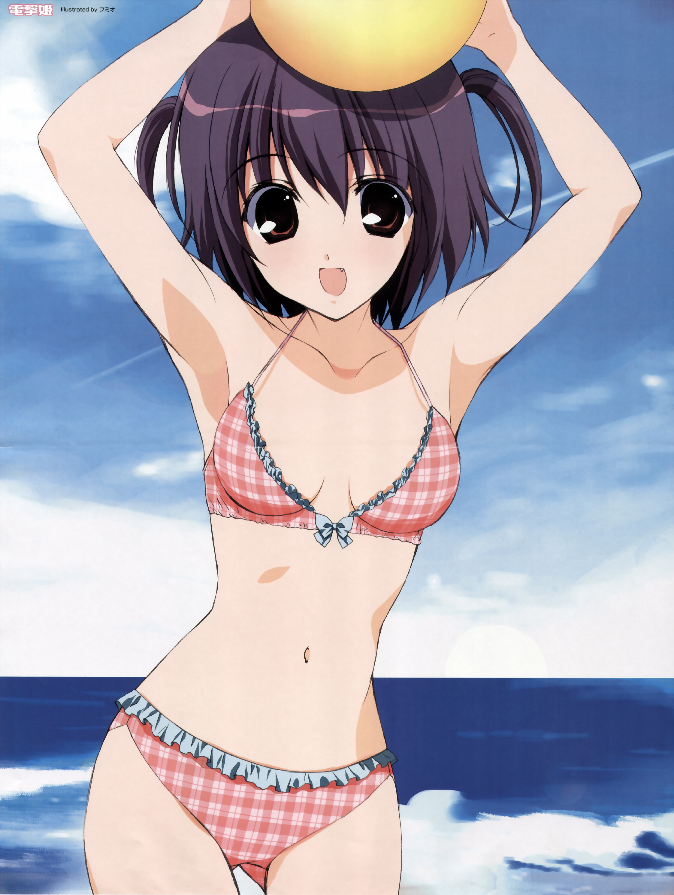 fumio (ura fmo), absurdres, highres, armpits, arms up, ball, bikini, brown eyes, day, fang, ocean, pink bikini, plaid bikini, plaid clothes, purple hair, red theme, solo, swimsuit, water