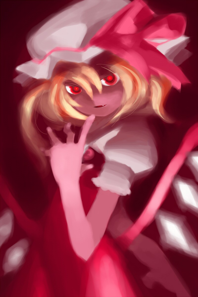 tsuru (artist), tsuru (clainman), flandre scarlet, touhou, bad id, bad pixiv id, 1girl, blonde hair, fang, female focus, red eyes, solo, wings
