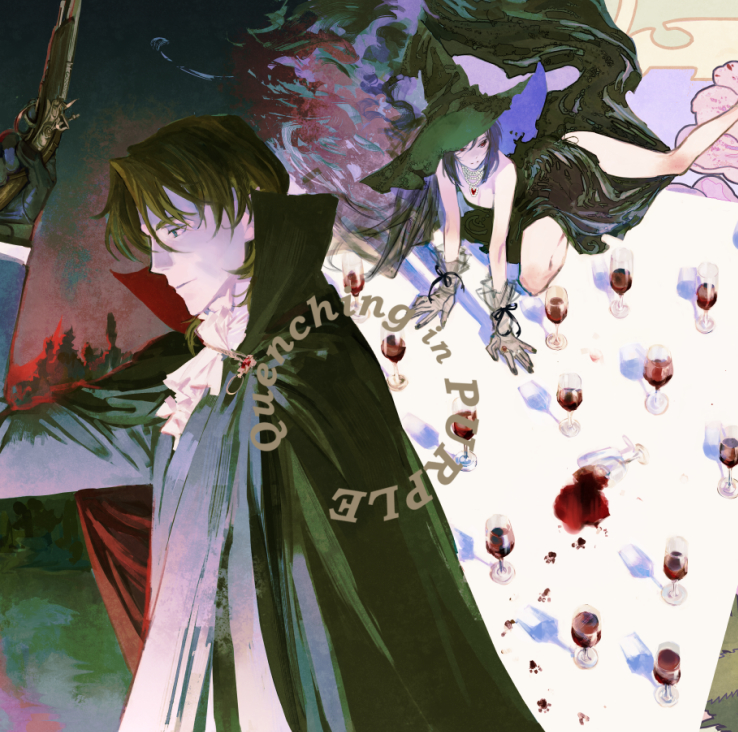 huangdanlan, lockon stratos, tieria erde, gundam, gundam 00, commentary, english commentary, 1boy, 1girl, ascot, black cape, black dress, black hat, breasts, brown hair, cape, cleavage, closed mouth, cup, dress, drinking glass, english text, genderswap, genderswap (mtf), gloves, grey gloves, gun, handgun, hat, high collar, holding, holding gun, holding weapon, paw print, vampire costume, weapon, white ascot, wine glass, witch hat