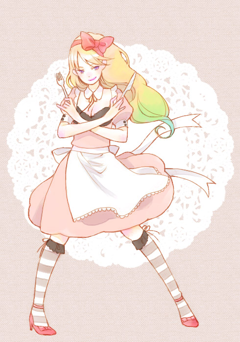 fuyuo, bad id, bad pixiv id, fork, hair ribbon, knife, pink shoes, ribbon, shoes, smile, socks, solo, striped clothes, striped socks, waitress