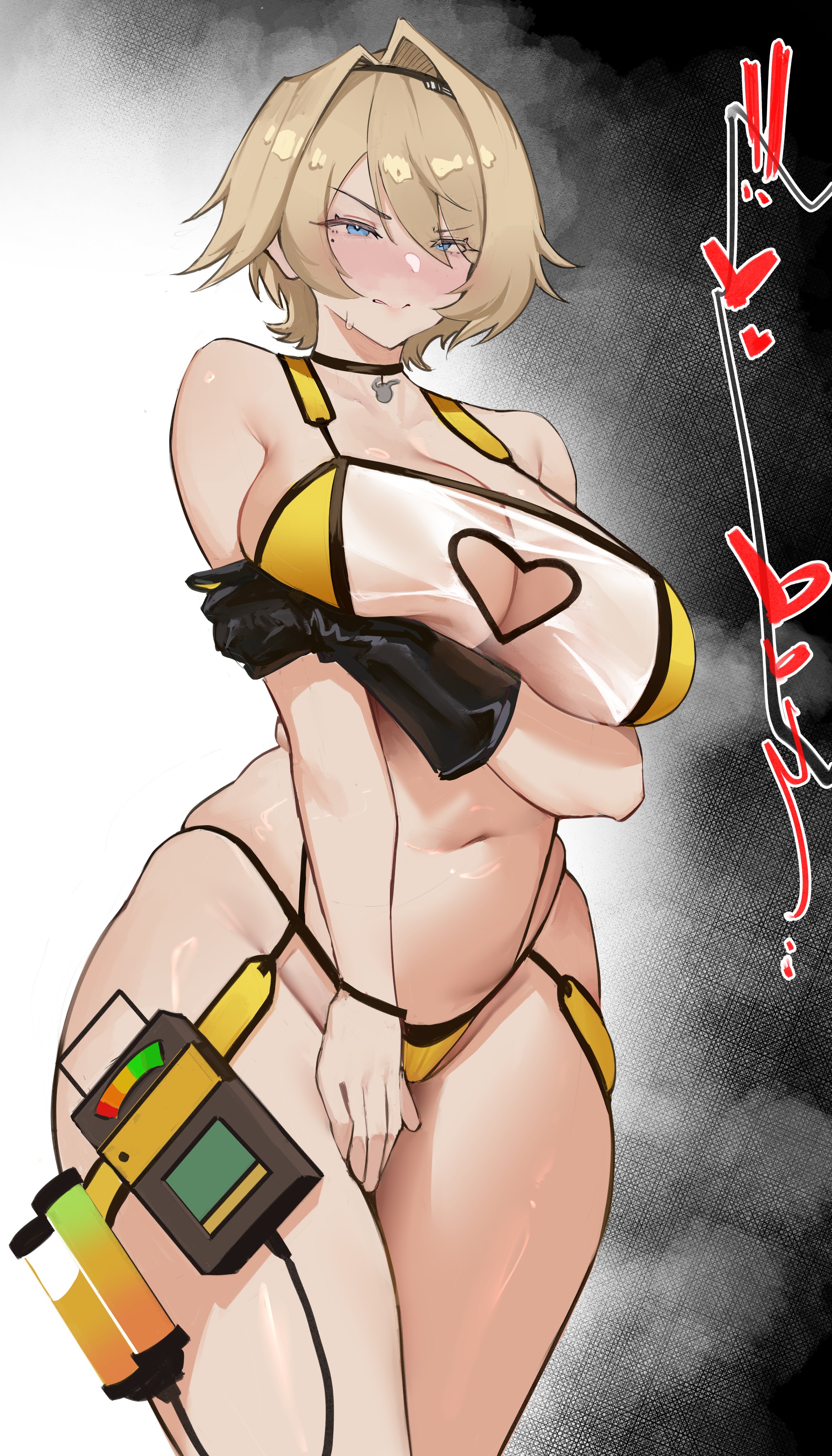 ohwl, elegg (nikke), nikketa (girls' frontline 2), vsk-94 (girls' frontline), girls' frontline, girls' frontline 2: exilium, goddess of victory: nikke, absurdres, commentary, english commentary, highres, 1girl, arm under breasts, biting own lip, black choker, blonde hair, blue eyes, blush, breasts, chocolate, choker, cosplay, cowboy shot, elegg (nikke) (cosplay), embarrassed, hair intakes, huge breasts, mole, mole under eye, navel, parted lips, rabbit choker, rabbit ornament, ring light reflection, see-through slingshot swimsuit, short hair, slingshot swimsuit, solo, stomach, sweat, swimsuit, yellow slingshot swimsuit
