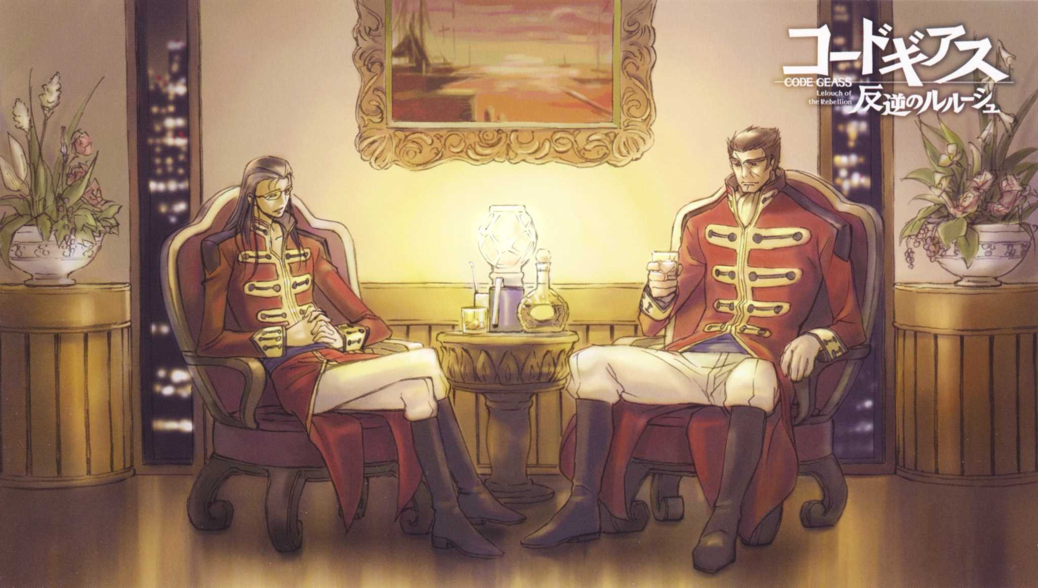 andreas darlton, gilbert g.p. guilford, code geass, highres, 00s, 2boys, glasses, indoors, male focus, military uniform, multiple boys, plant