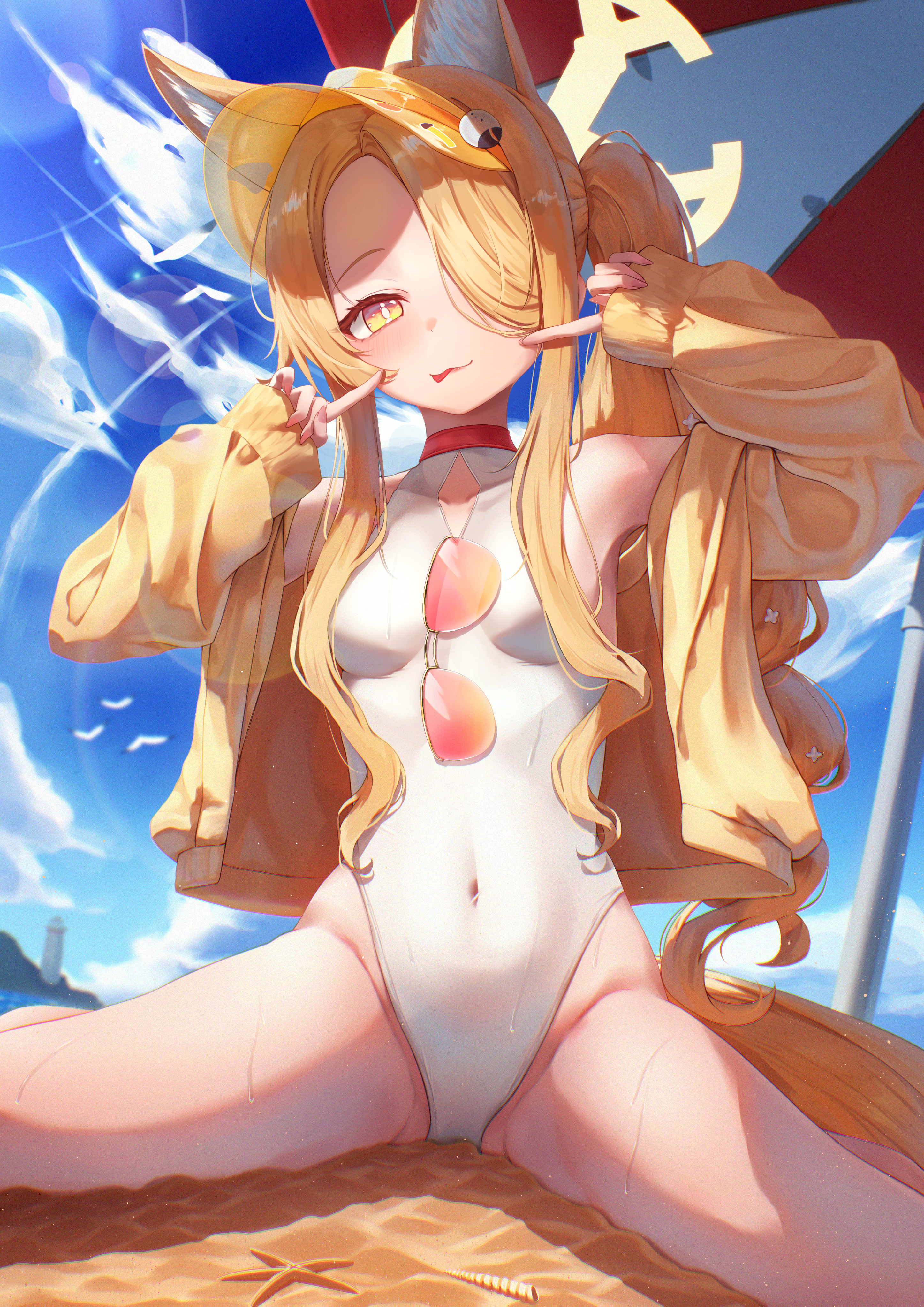 ramuneru, seia (blue archive), seia (swimsuit) (blue archive), blue archive, absurdres, highres, 1girl, alternate costume, animal ears, beach, blonde hair, breasts, covered navel, eyewear hang, fox ears, halo, jacket, long hair, official alternate costume, one-piece swimsuit, outdoors, small breasts, solo, sunglasses, swimsuit, tongue, tongue out, unworn eyewear, visor cap, white one-piece swimsuit, yellow eyes