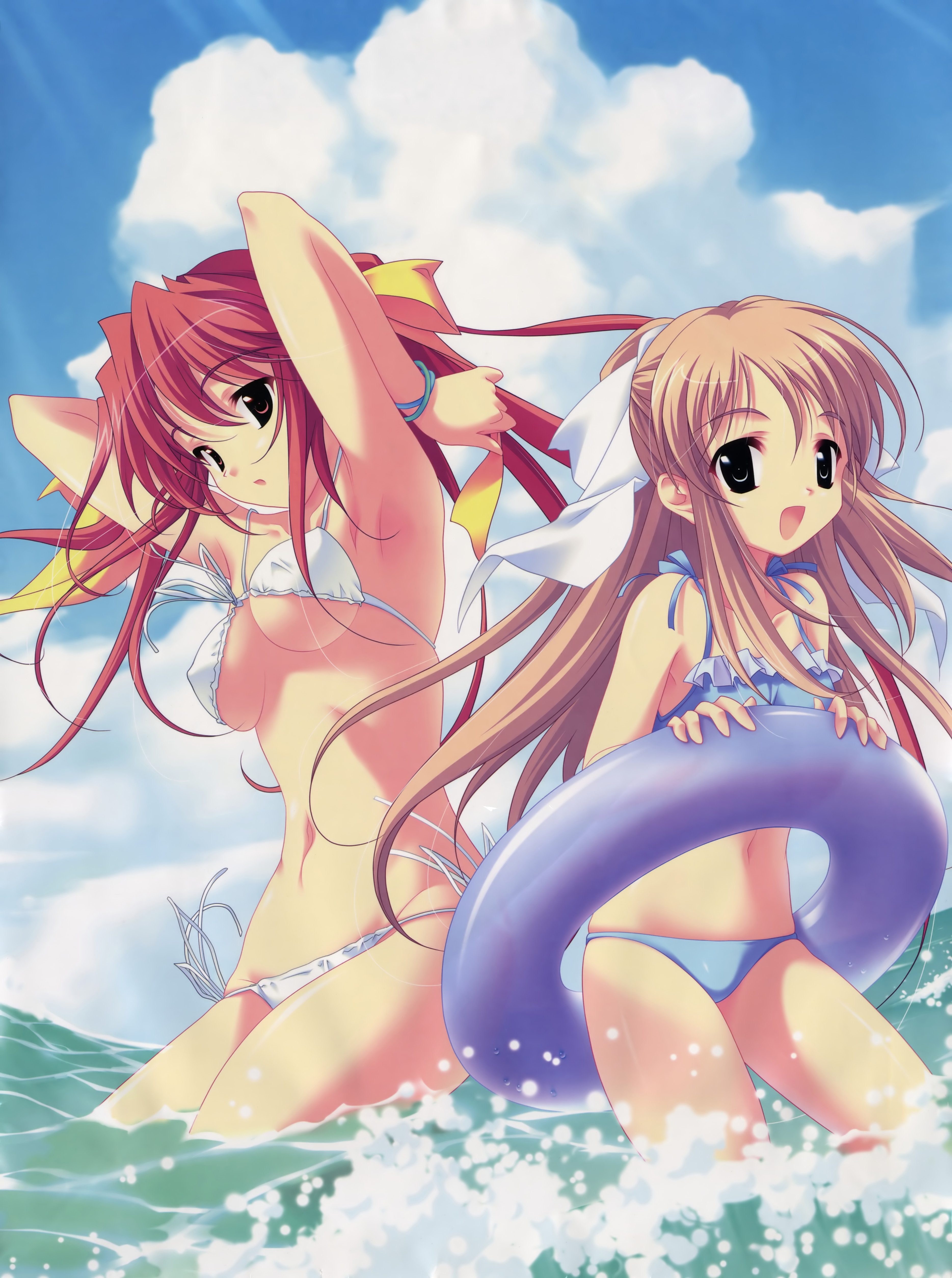 fujiwara warawara, kazamatsuri miyabi, nire sumika, haruka ni aogi uruwashi no, absurdres, highres, 2girls, arms up, bikini, black hair, breasts, brown hair, day, innertube, large breasts, multiple girls, red eyes, red hair, side-tie bikini bottom, swim ring, swimsuit, underboob