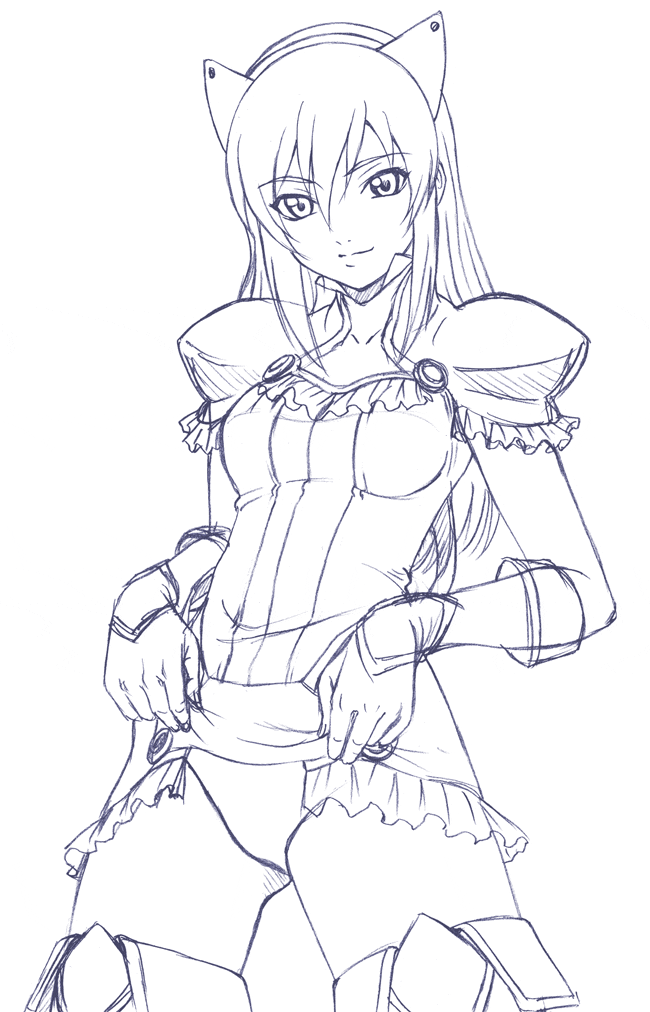 misnon the great, fatina, druaga no tou, 1girl, clothes lift, dress, dress lift, female focus, lineart, monochrome, panties, purple theme, skirt, skirt lift, solo, thighhighs, underwear